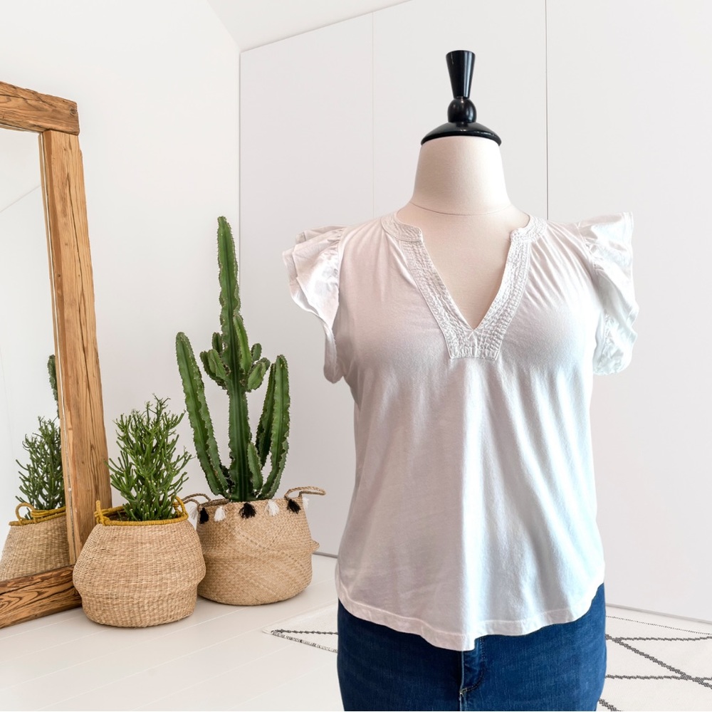 Maeve Ruffle Short Sleeve Stitched V-neck Top